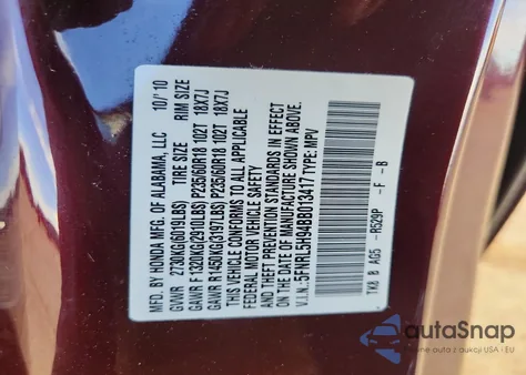 2011 Honda Odyssey Touring z USA, uszkodzony, nr VIN 5FNRL5H94BB013417